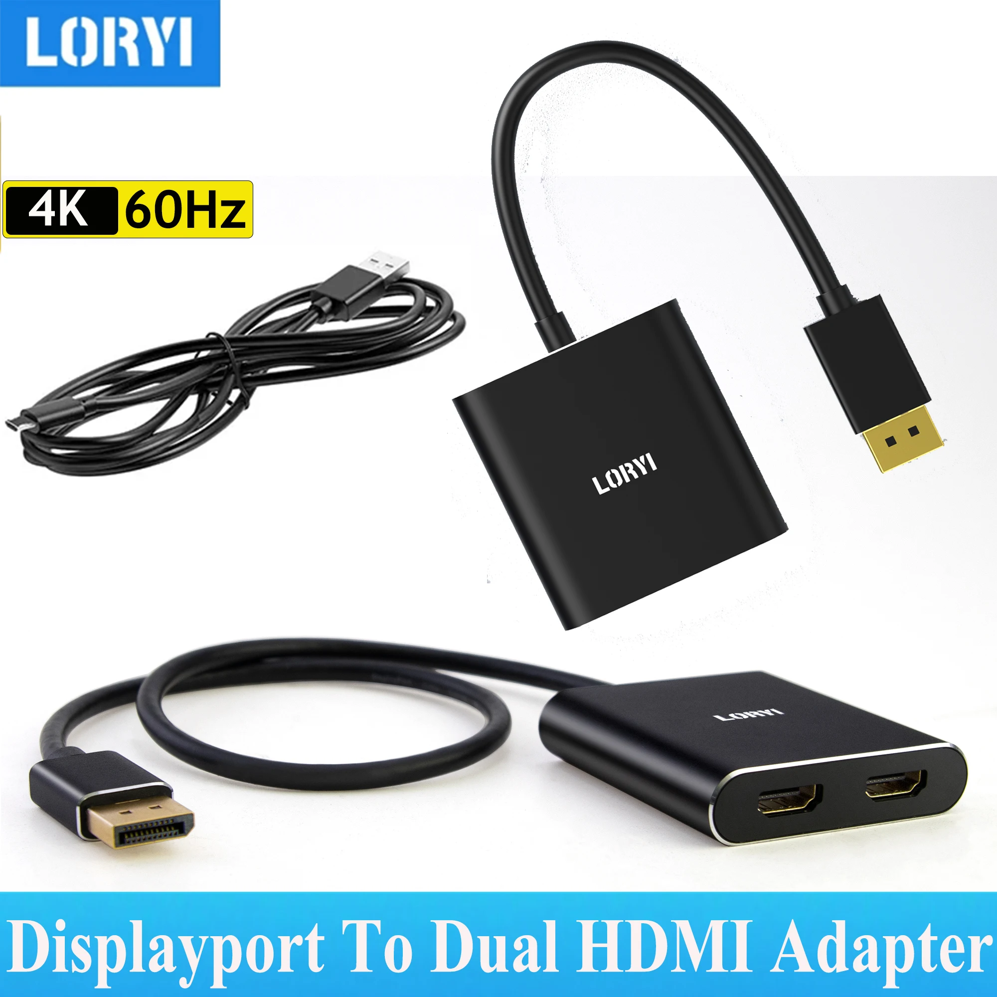 LORYI Displayport to Dual HDMI Adapter 4K 60Hz DP To HDMI Splitter Hub DP 1.2 To 2 HDMI Monitor For PC Windows Docking Station