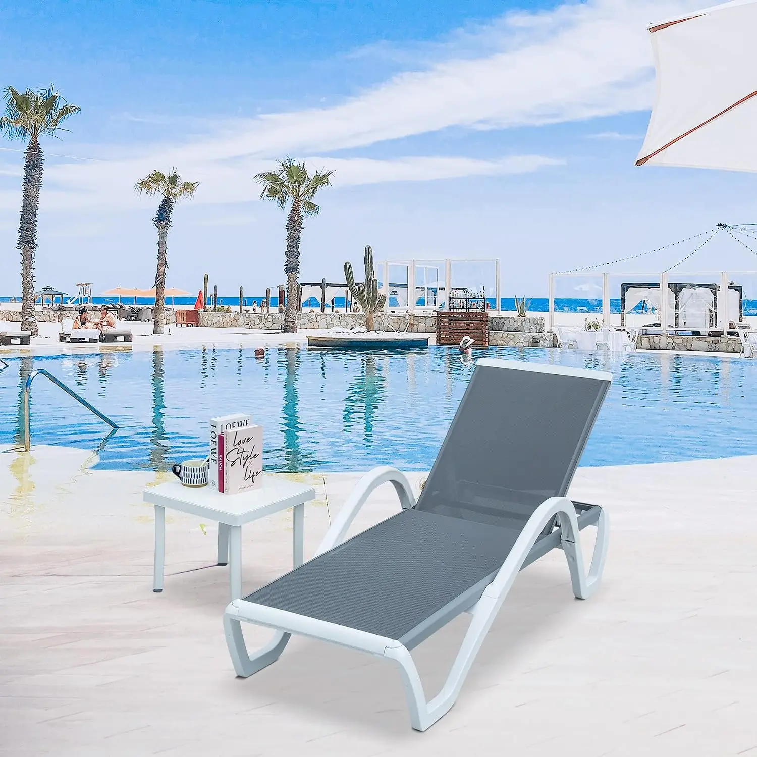 Aluminum Outdoor Chaise Lounge with Armrests & Side Table, All Weather Poolside Lounger for Deck Lawn Garden, Customized
