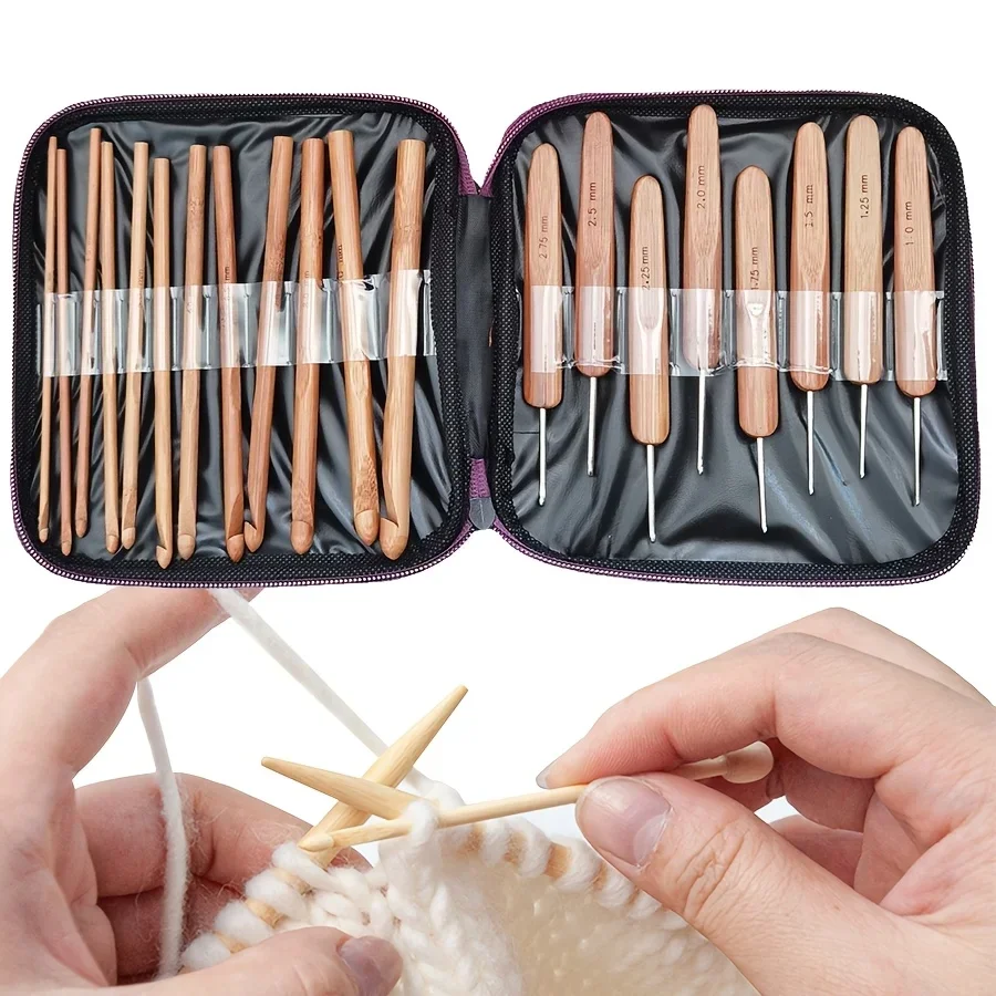 

20pcs/set Bamboo Crochet Needles Set with Storage Case Multiple Sizes Ergonomic Crochet Hooks Kit DIY Knit Sweater Scarf JXB