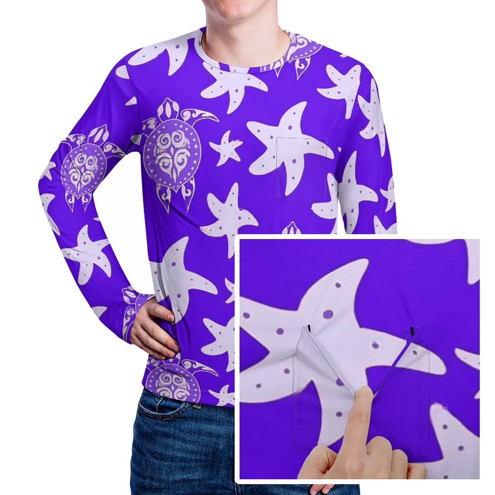 

Water Turtles T Shirt Purple Starfish Fashion T-Shirts With Pocket Long Sleeve Printed Tops Autumn Funny Oversized Top Tees