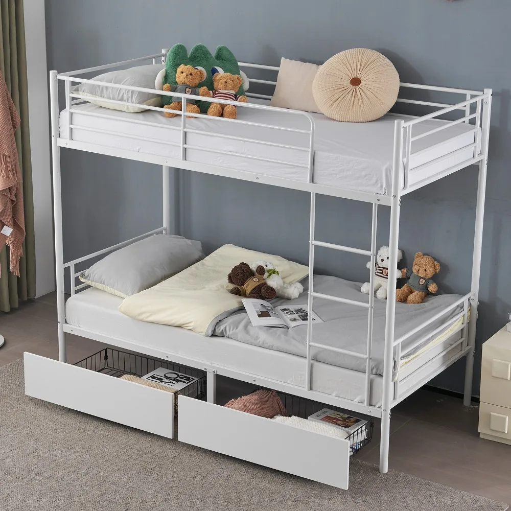 Twin Over Twin Bunk Bed with Two Storage Drawers & Full-Length Guard Rail Heavy Duty Metal Bunk Bed