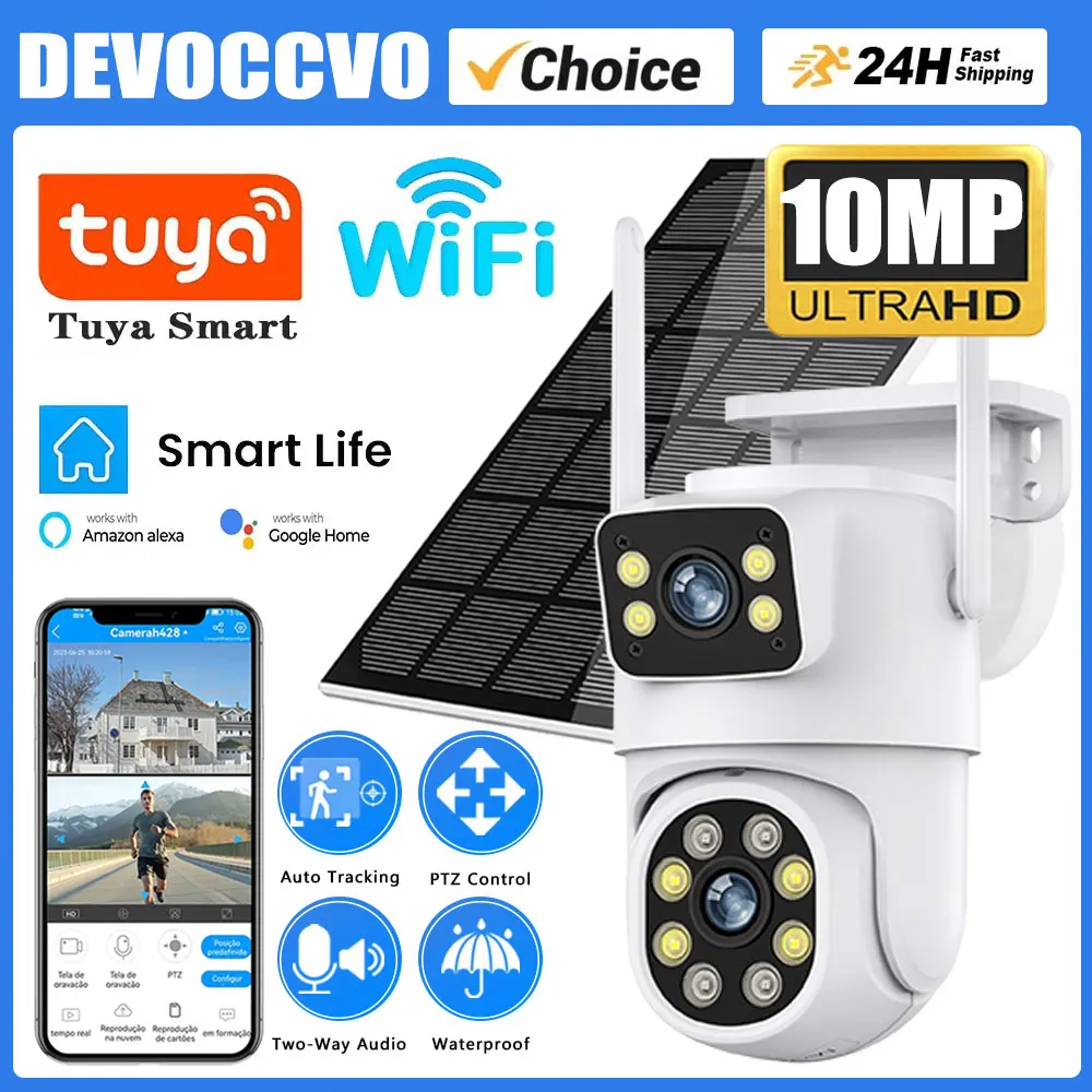 

5K 10MP HD Wireless Solar Camera Wifi Dual Lens Outdoor Surveillance Camera Built-in Battery Solar Panel Charging Security Tuya