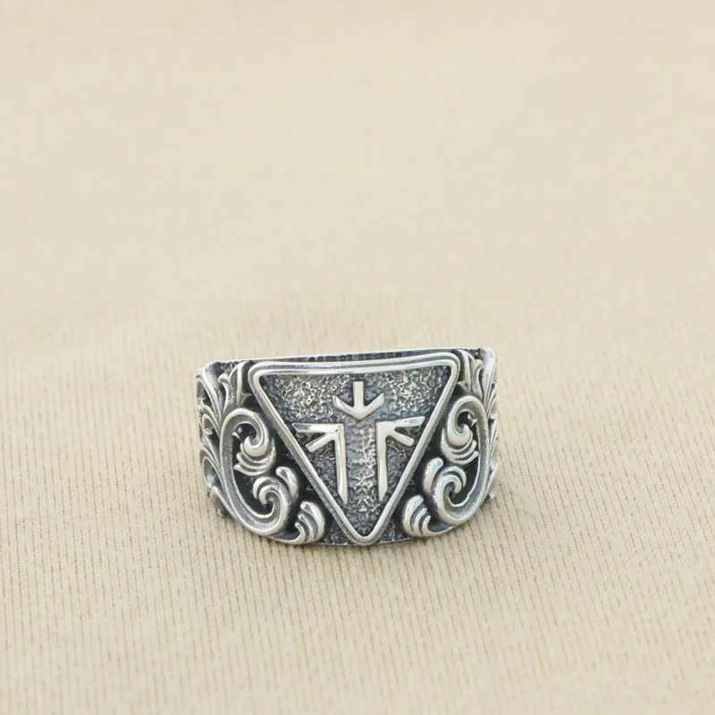 Handsome Punk Opening 925 Silver Tang Grass Pattern Retro Ring for Men and Women, Classic French Boys, Index Finger Ring