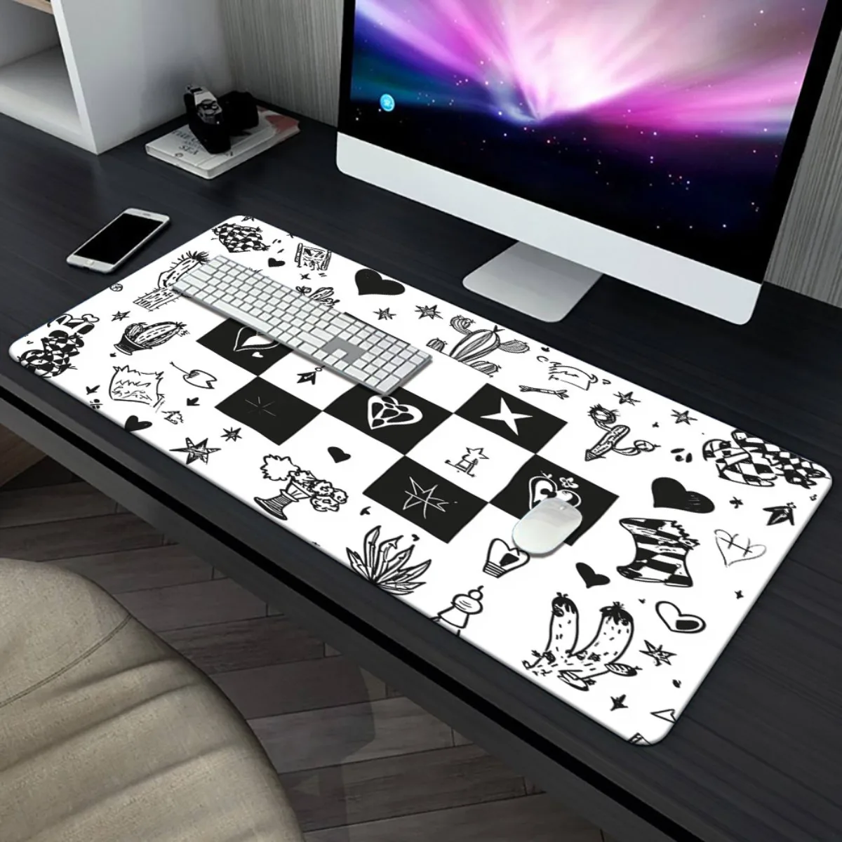 

1pc XXL Abstract Line Pattern Gaming & Office Mouse Pad - Non-Slip Rubber Base, Black & White Design, Multi-Functional Desk Mat