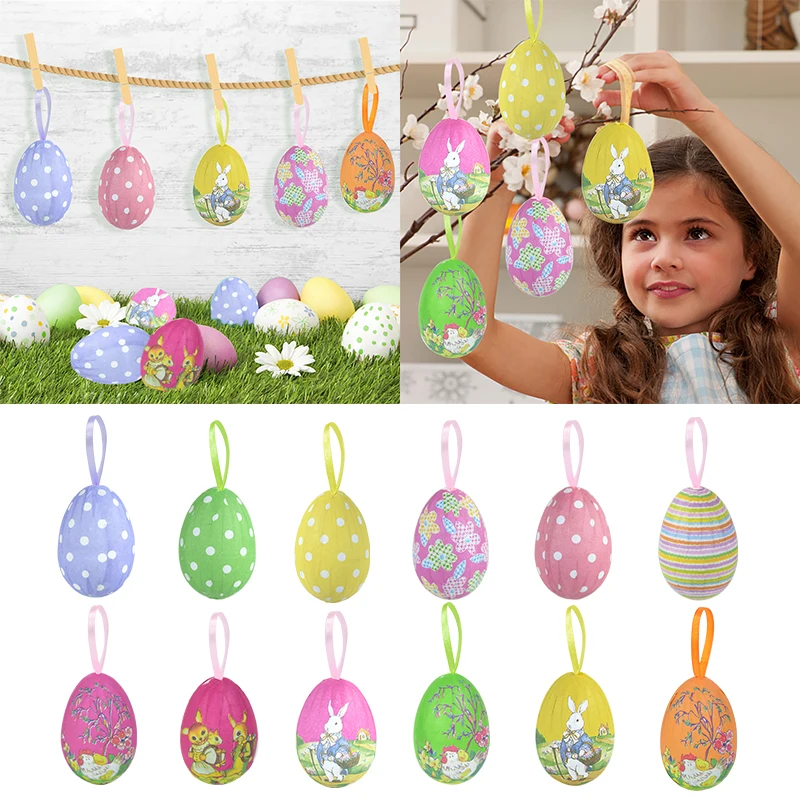 12pcs Plastic Easter Hanging Eggs Rabbit Chick Painted Egg Pendant DIY Craft For Easter Party Home Decoration Supplies Kids Gift