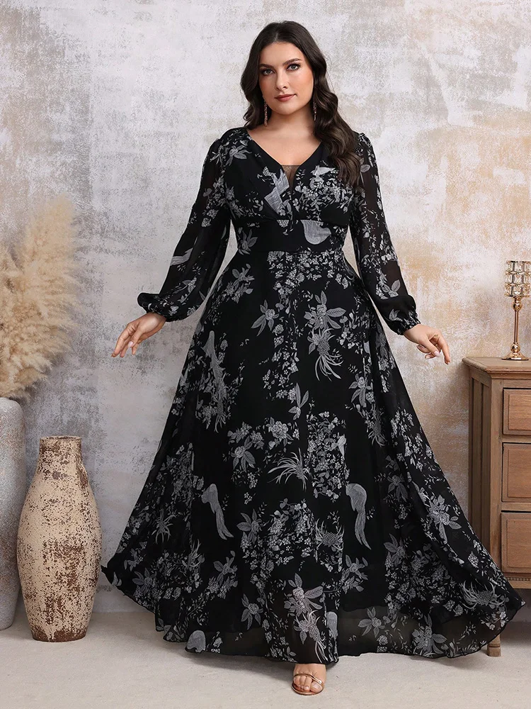 

TOLEEN 2024 New Casual Elegant V-Neck Lace Mesh Female Party Evening Long Dresses Plus Size Women's Random Floral Printed Dress