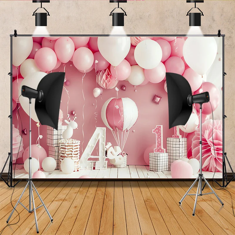 Happy Birthday  Photography Background  Number Pink Bear doll Hydrogen balloon Floral  Baby  Party  Backdrops  SR-83