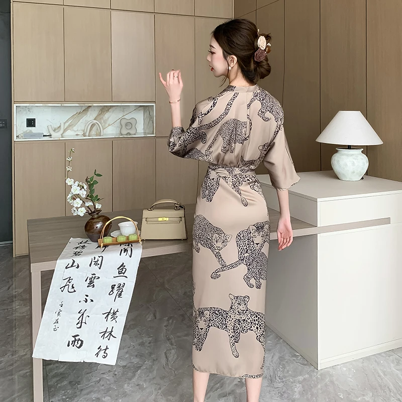 Elegancka Sukienka Satynowa w Stylu Vintage z Rozcięciem, Szykowna, Seksowna, z Dekoltem w Serek, Dopasowana, Vestidos, Jesienna Sukienka na Wakacje, Imprezę, Moda Damska, Retro Sukienki z Falbanami