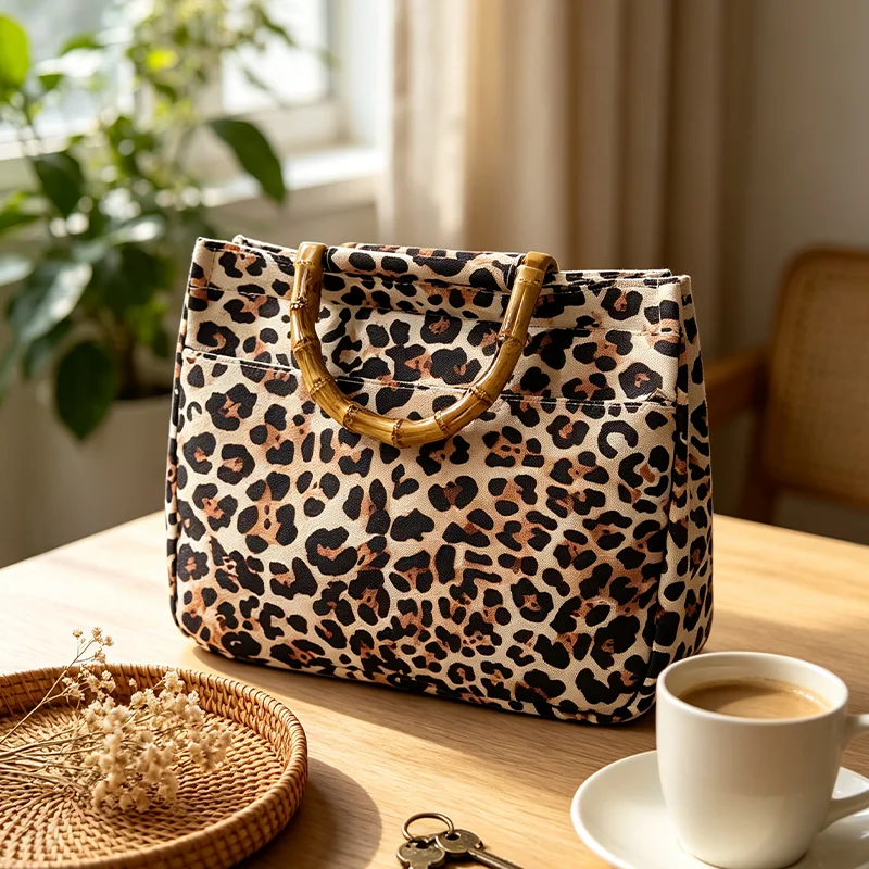 Retro-Tasche für Damen mit Leopardenmuster und Griff aus Kunstbambus. Beige Handtasche mit schwarzem und braunem Leopardenmuster für Damen – Detail 6