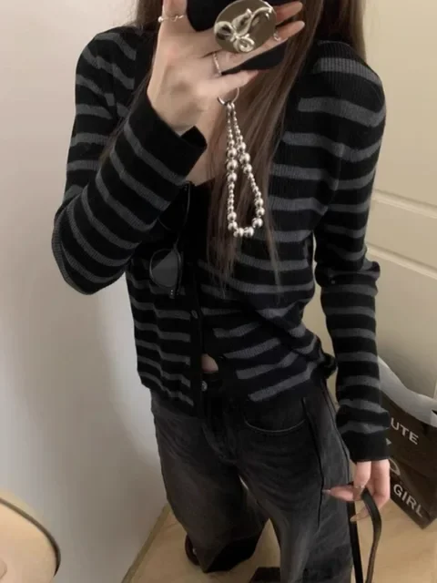 

Корейский трикотаж Sueter Mujer, полосатый кардиган с v-образным вырезом и длинными рукавами, шикарный тонкий повседневный вязаный свитер, топы Sueter Mujer