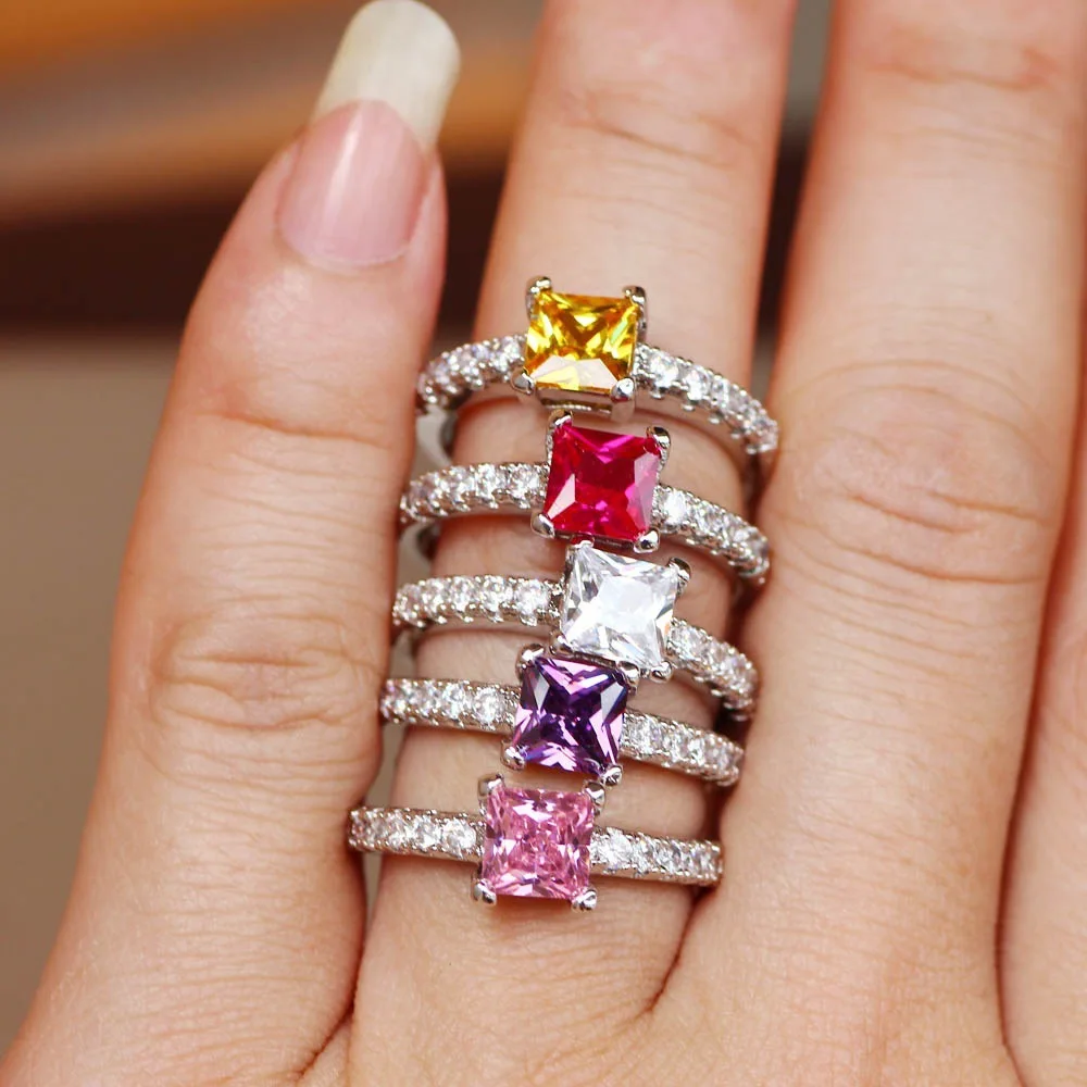 Natural Smoky Quartz Created Ruby Sapphire Simulated Emerald 925 Sterling Silver Ring for Woman Princess Cut Gemstone Jewelry