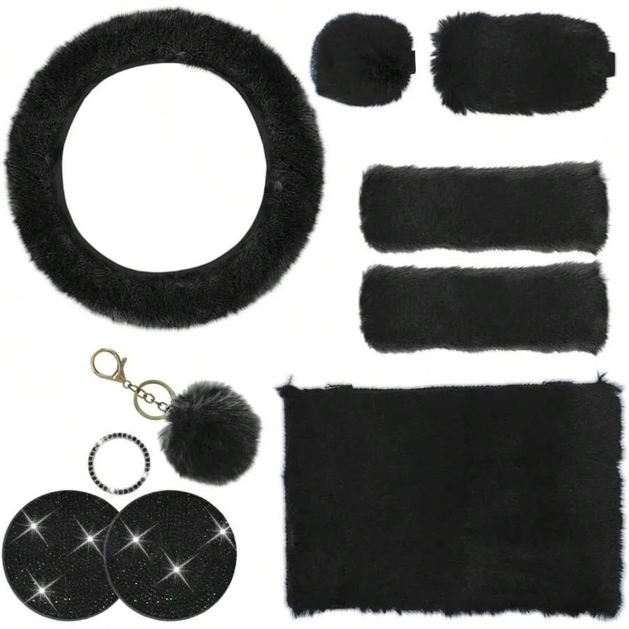 

10PCS Fluffy Car Accessories Set, Furry Steering Wheel Cover With Warm Fuzzy Gear Shift Cover Ball Keychain Handbrake Cover Console Seat Belt Shoulder Pads & Diamond Ignition Ring Cup Mats