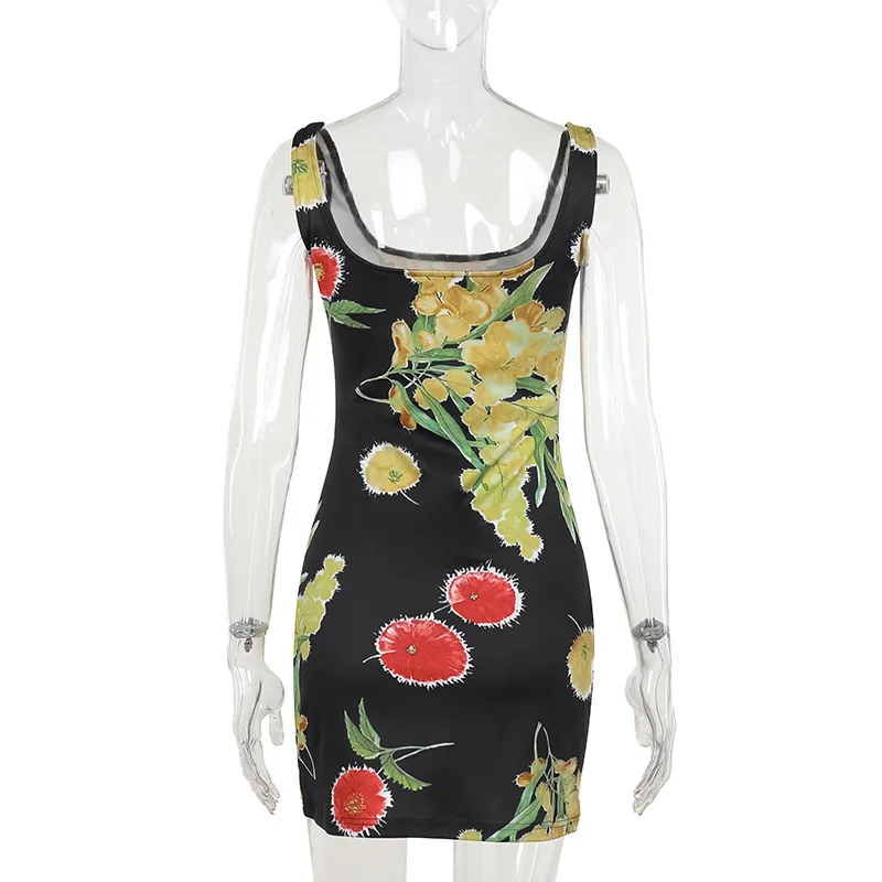 Sexy Pullover Camisole Mini Dress Female Flower Print Sleeveless Bodycon Dress Vacation Square Neck Summer Dresses for Women