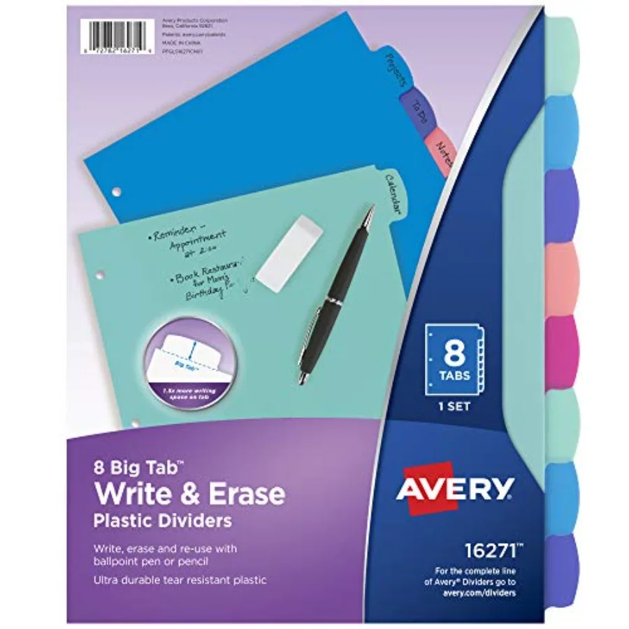 

Write and Erase Dividers for 3 Ring Binders, 8 Tabs per Set, Multicolor Big Tabs, Pastels, Binder Dividers Great for Organizing
