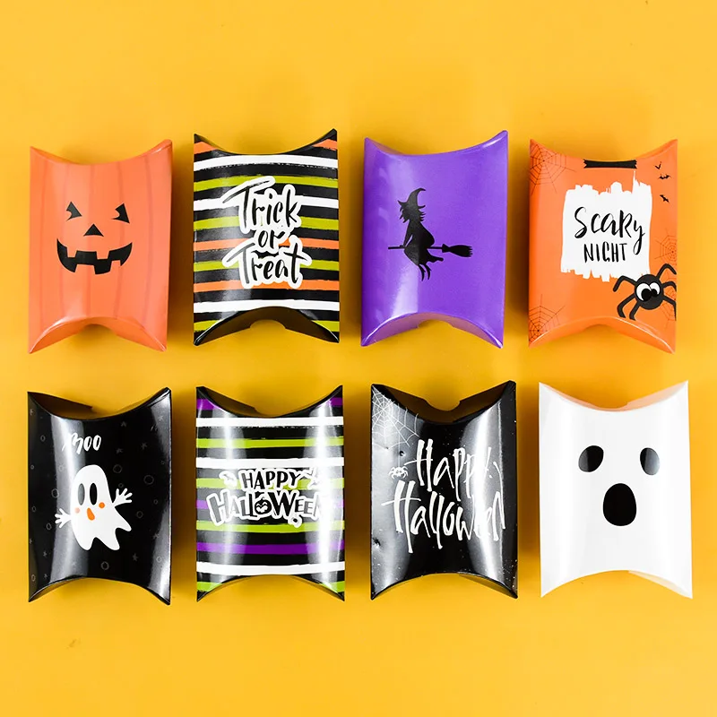 10pcs Halloween Candy Box Pillow Shape Pumpkin Ghost Spider Biscuit Snack Gift Packaging Box Trick or Treat Halloween Decoration