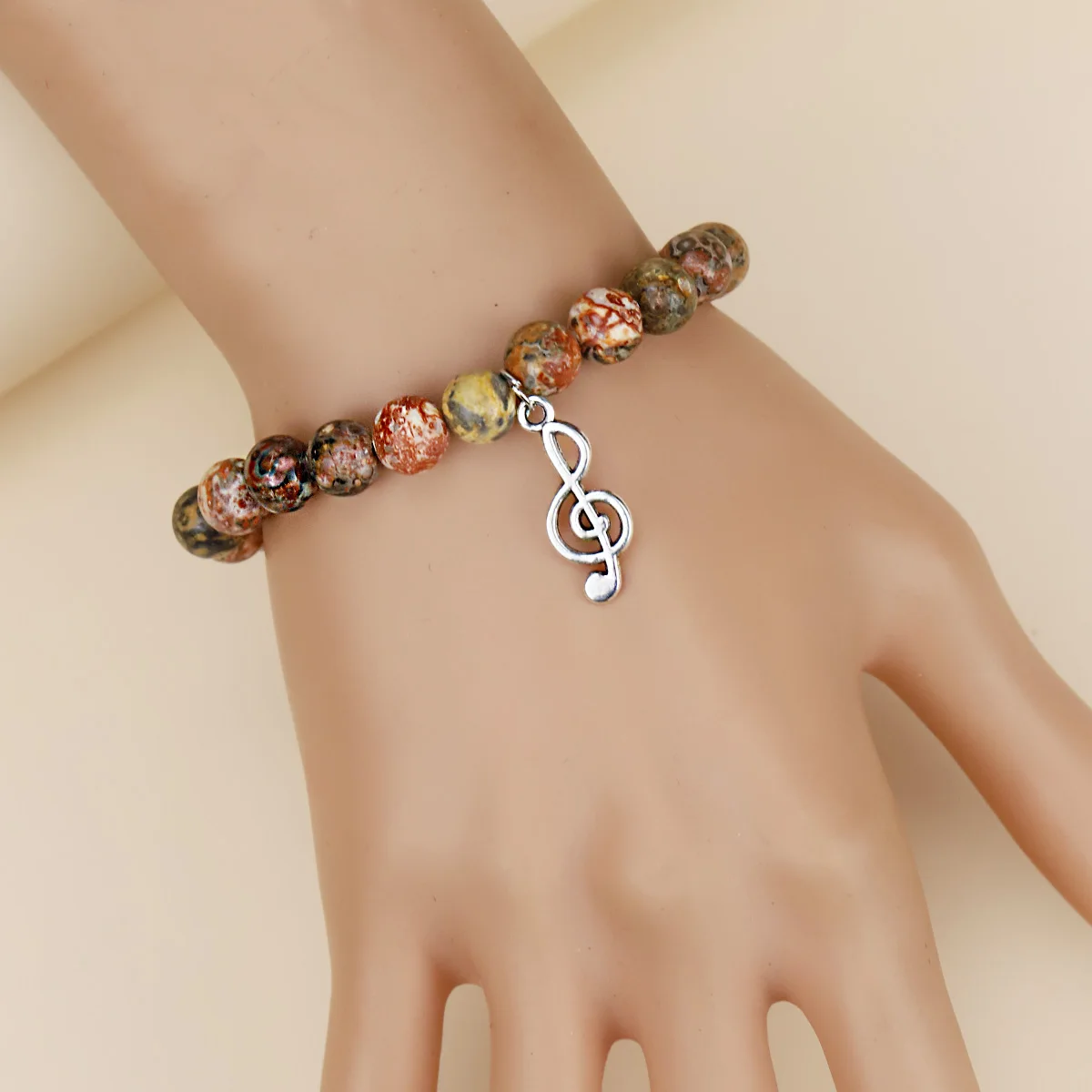 Handmade Natural Stone Beads Music Charms Women Bracelet With Blessing Card,Gift For Music Teacher Singer Friendship Jewelry﻿