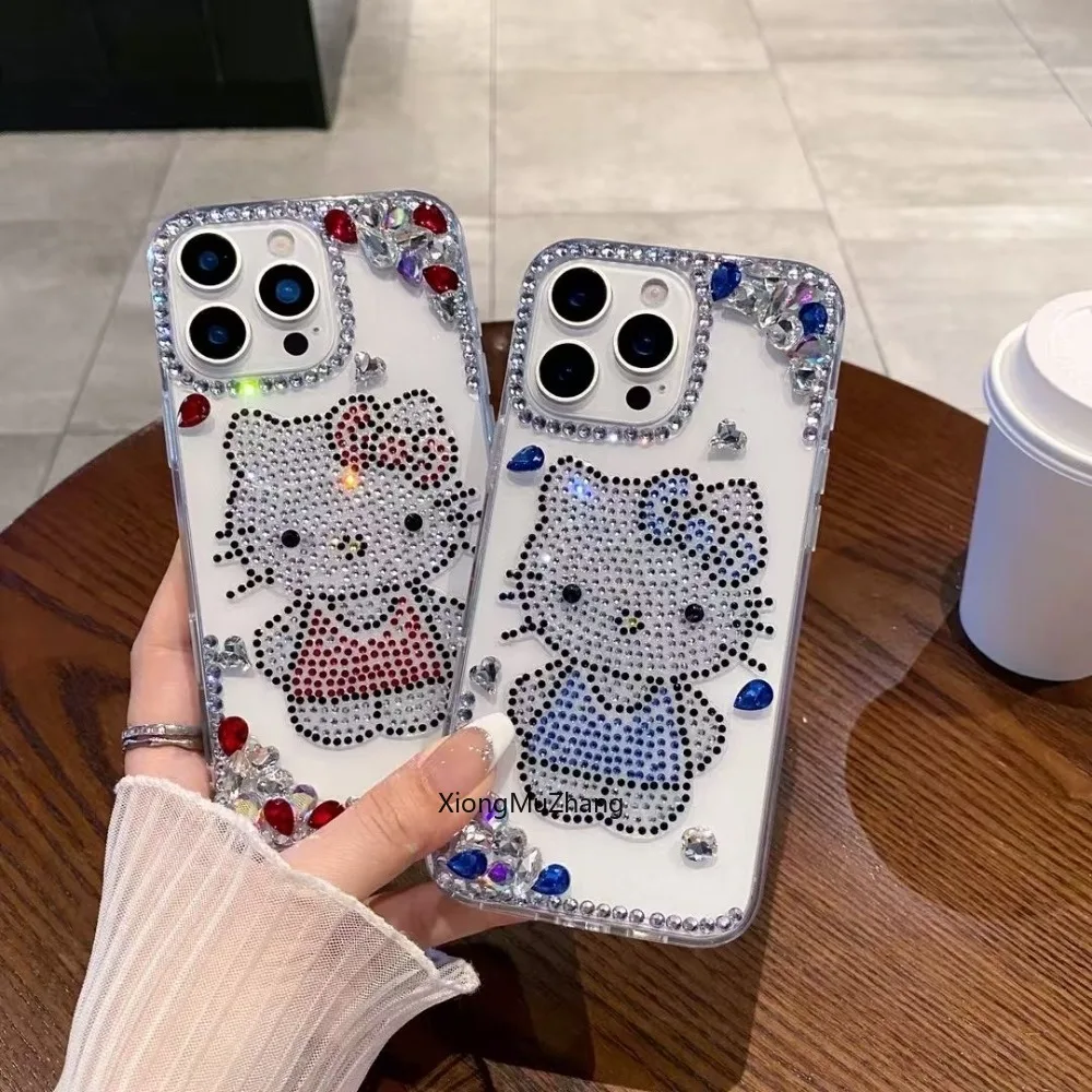 

Luxury Diamond Sanrio Hello Kitty Glitter Case for IPhone 16 15 14 Pro Max 13 12 11Pro Max XsMax Fashion KT Bling DIY Phone Case