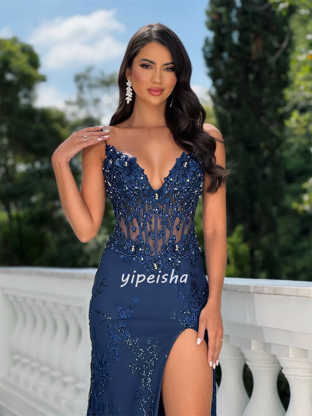 カスタマイズされたエレガントなファッションジャージーアップリケビーズ装飾マーメイドスパゲッティストラップロングドレスオーダーメイドオケージョンドレス複雑なセクシーなドレス