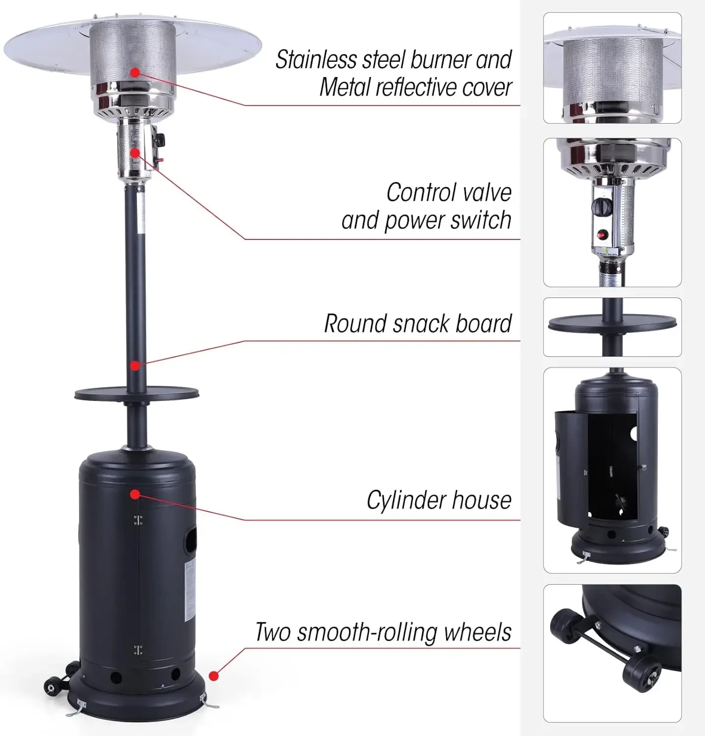 MFSTUDIO 48,000 BTU Aquecedor para pátio externo Aquecedor de espaço de propano em aço inoxidável com rodas e prateleira para bebidas de mesa, Aut