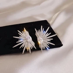 2025 New Silver Color Big Plant Luxury Stud Earrings with Bling Zircon Stone for Women Fashion Trend Jewelry Korean Earrings