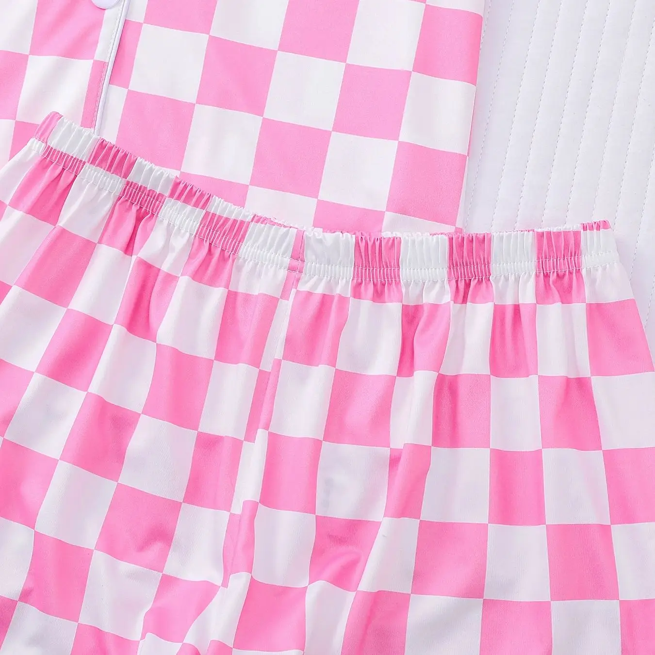 Sweet Cool Full Printed Checkered Pajamas Pink and White Bottom Women's Flip Collar Cardigan Elastic Waist Shorts Home Two Piece view 4