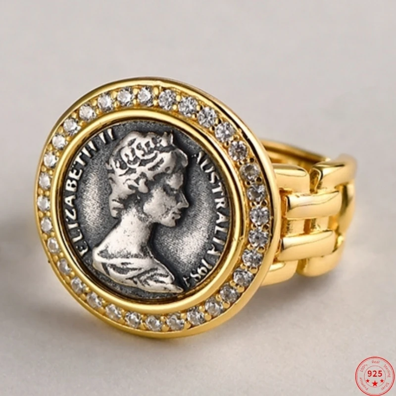 S925 Sterling Silver Rings for Women Men New Fashion Antique Coins Style Queen's Sculpture Zircon Gilded Jewelry