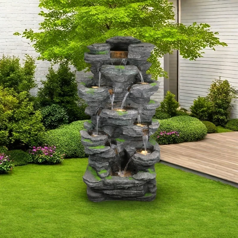 

2023 Outdoor Water Fountain Waterfall Garden Resin Waterfall Water Fountain for Patio Porch Yard Decor