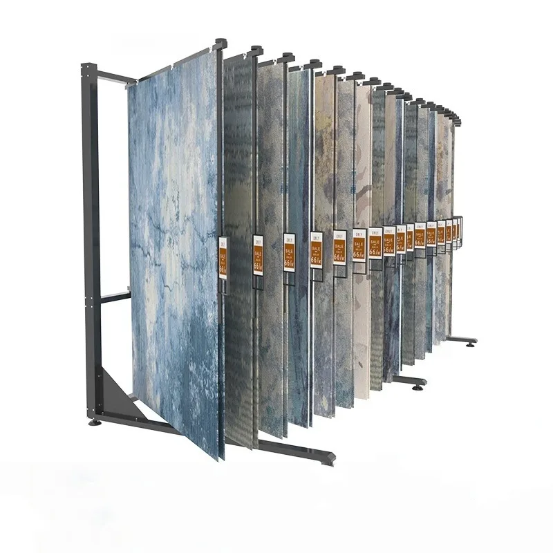 Modern freestanding metal fabric carpet display stand with large area hanging design for use in hot shops