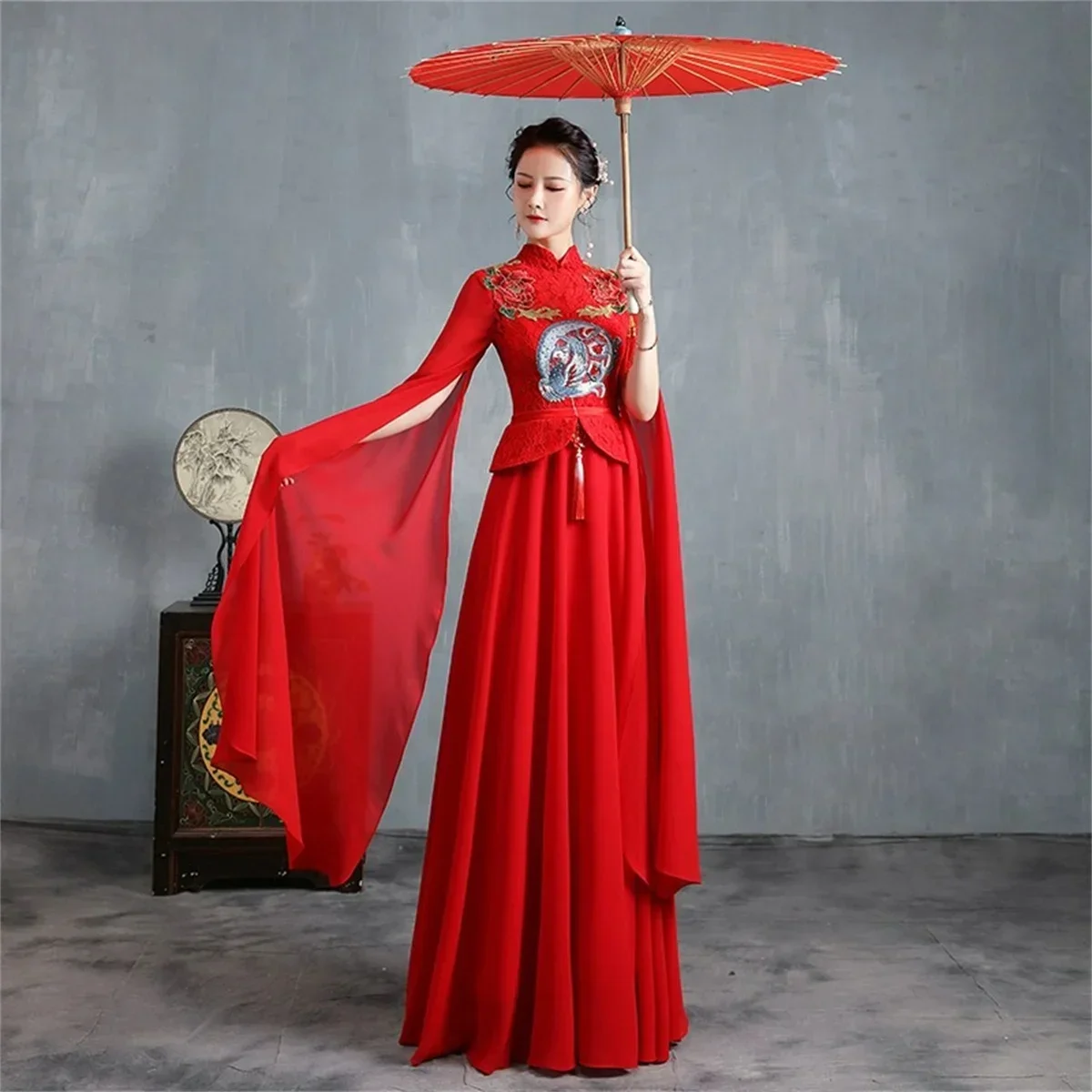 Cheongsam runway performance costume team stage long style high-end plus size new Chinese style evening dress skirt for women