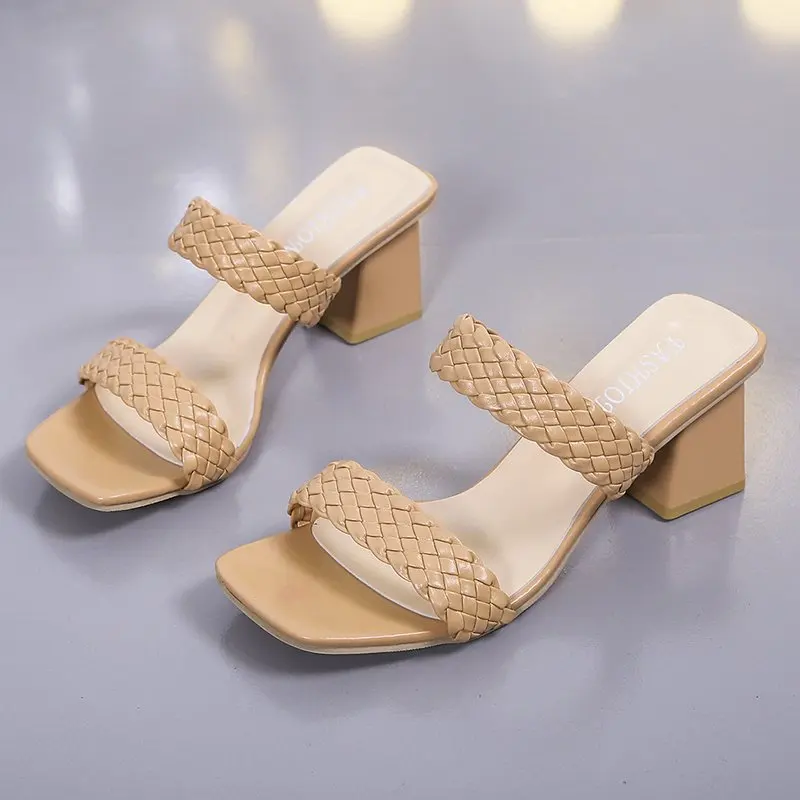 Wear Fairy Wind Woven Large Size Sandals and Slippers Women\'s 2024 Summer New Thick Heels Gentle Wind High Heels Women