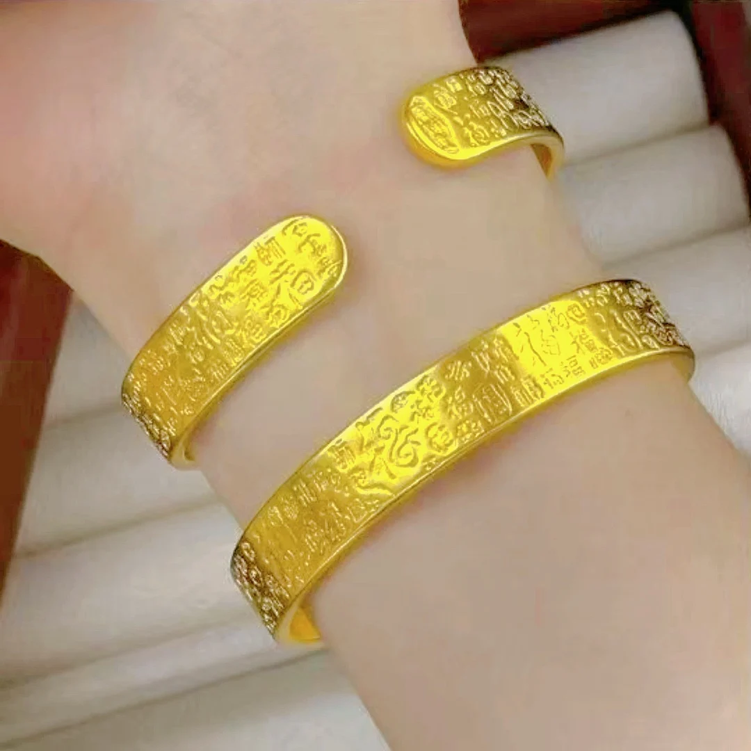Light Luxury Hundred Blessings Wide Face Open Bracelet Women 24K Gold AU999 Chinese Style and Eye-Catching