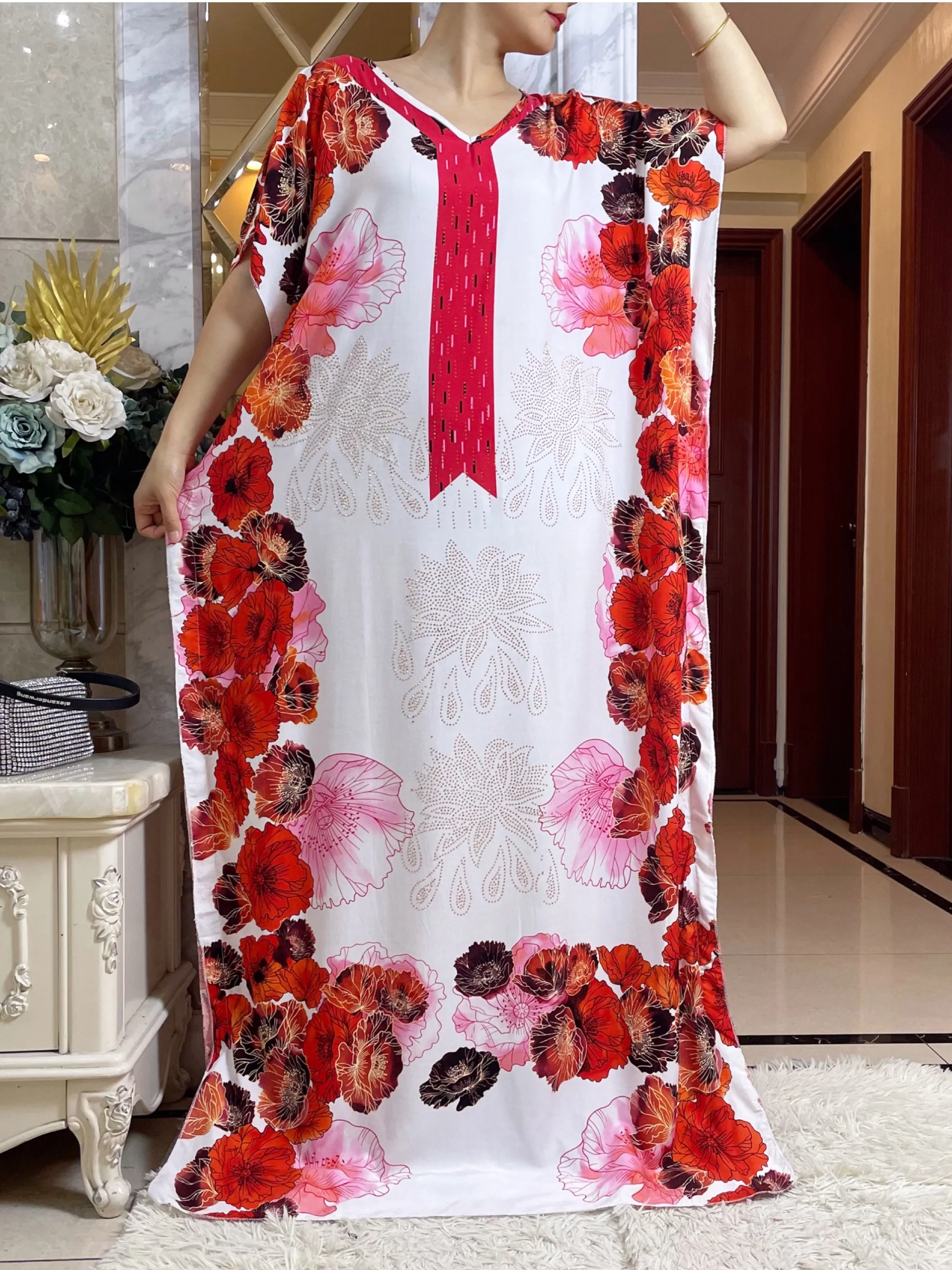 Summer Short Sleeve Printing Cotton Dress With Big Scarf African Dashiki Floral  Loose diamants Caftan Lady  Maxi Casual Vestido