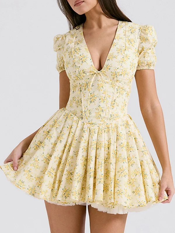 فستان صيفي بقصة ضيقة وطبعة زهور وياقة على شكل V للنساء، فستان بخصر مرتفع وتصميم فرنسي من ألياف البوليستر بتنورة على شكل حرف A