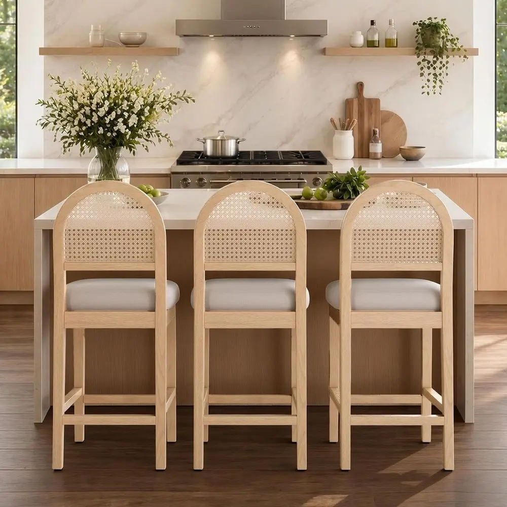 

Rattan Counter Height Bar Stools Set of 3, Upholstered in Chenille with Solid Wood Legs, Natural Kitchen Island Chairs