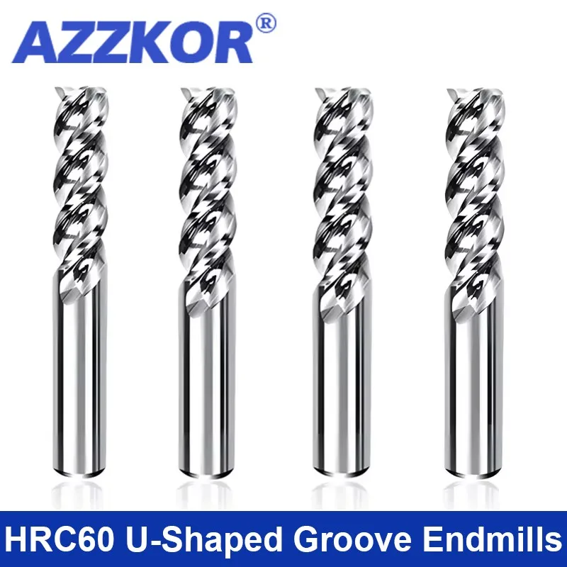 AZZKOR HRC60 3-Flutes U-Shaped Groove Aluminium Tungsten Steel Milling Cutter 1.0mm-18.0mm For CNC Machining Flat End Mill Tools