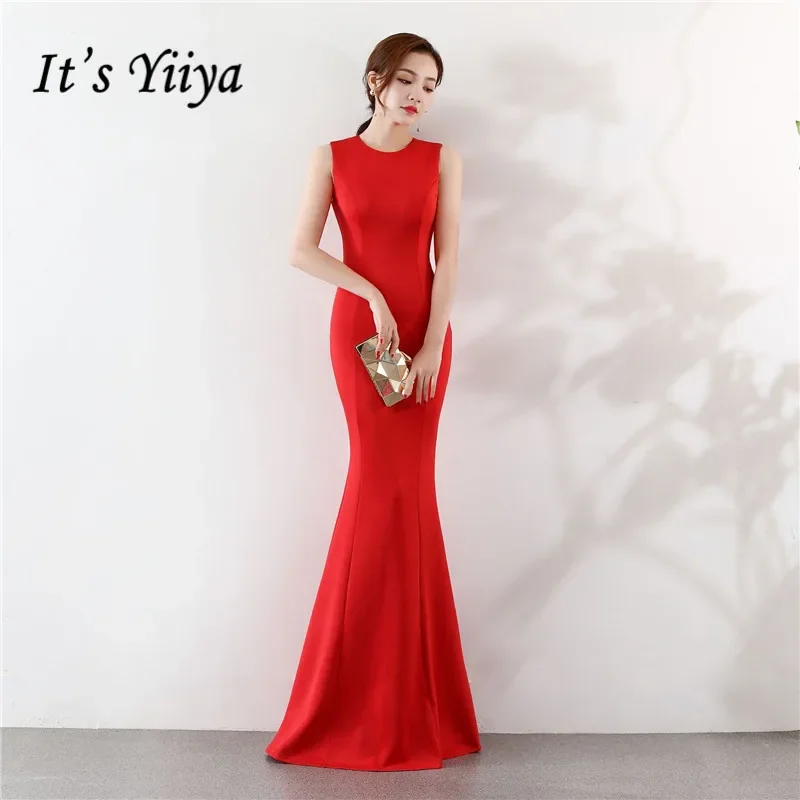 It\'s Yiiya Customized Mermaid Evening Gown Floor-Length Solid Zipper Abendkleider Sleeveless O-Neck Plus Size Robe De Soiree