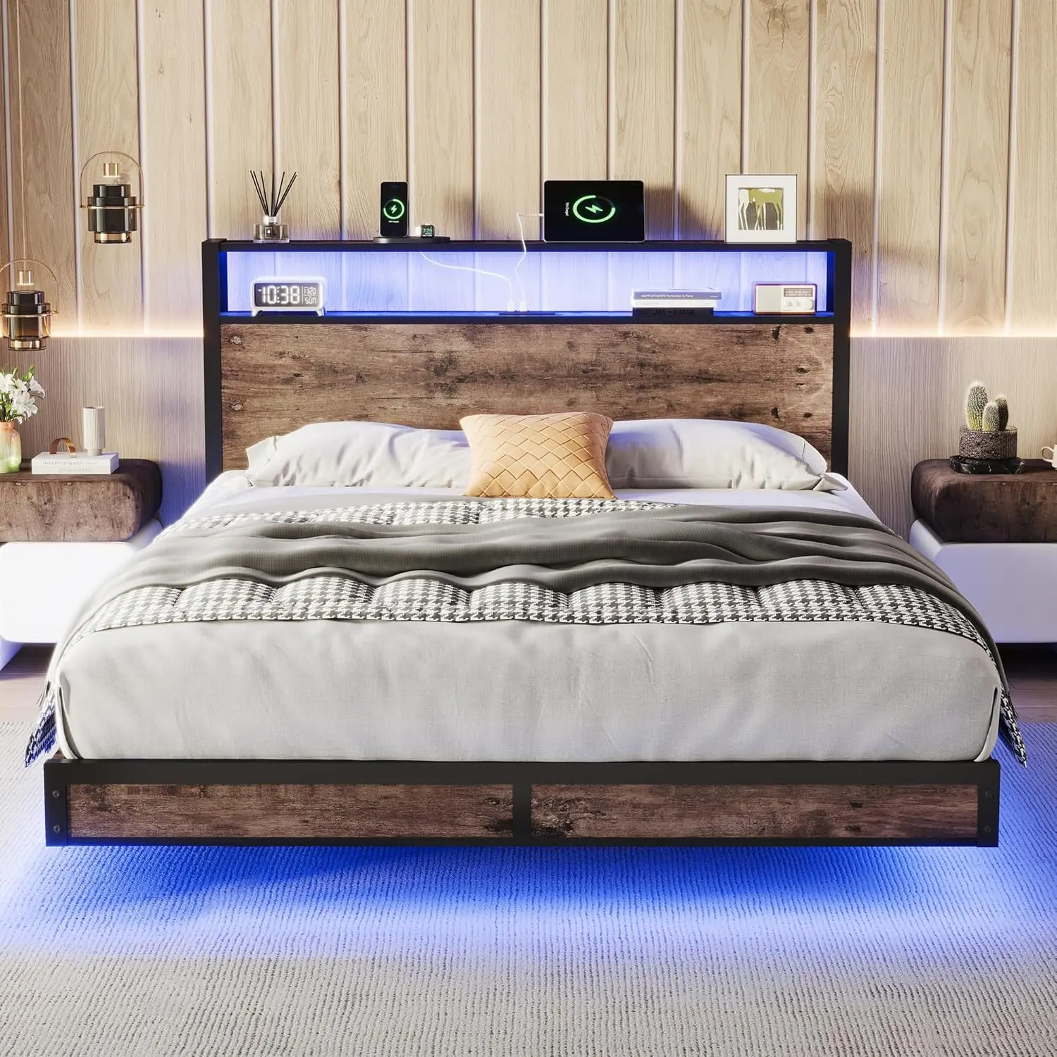 Full Size Bed Frame with Storage Headboard, Sturdy Metal Platform Bed Frame with LED Lights and Charging Station, Easy