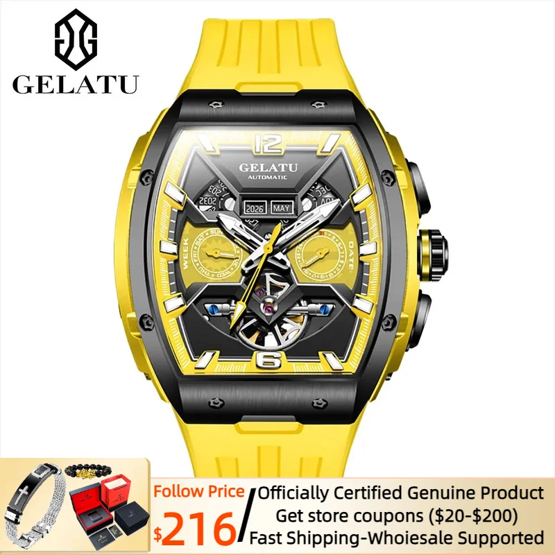 

GELATU Fashion Men's Watch Sapphire Multifunctional Calendar Skeleton Design Waterproof Automatic Mechanical Watch 2023 Trend