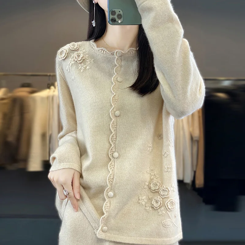 

Cashmere Sweater Women100%Chinese Style Embroidery Sweater Cardigan Women Elegant Loose Soft Comfortable Aesthetic Woman Sweater