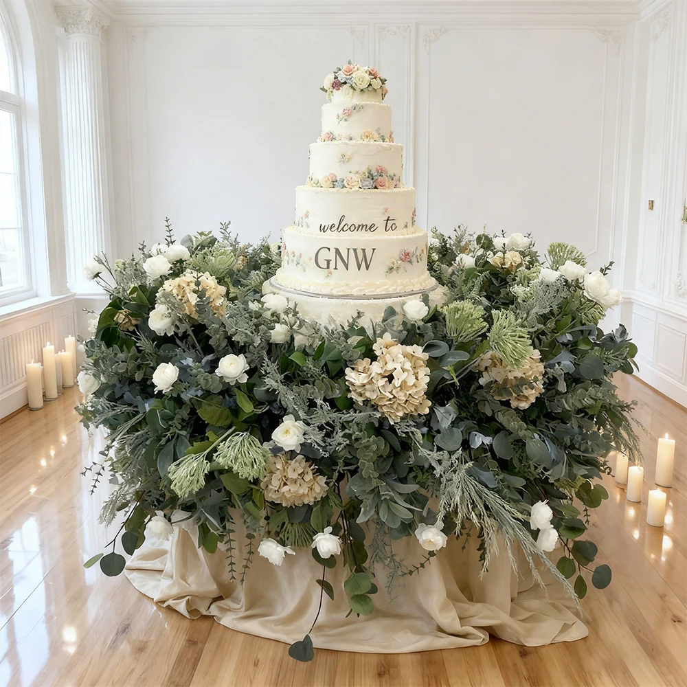 

Custom Modern High Quality Green White Wedding Events Decoration Cloth Cake Table Runner Floral Wreath Centerpieces Wholesale