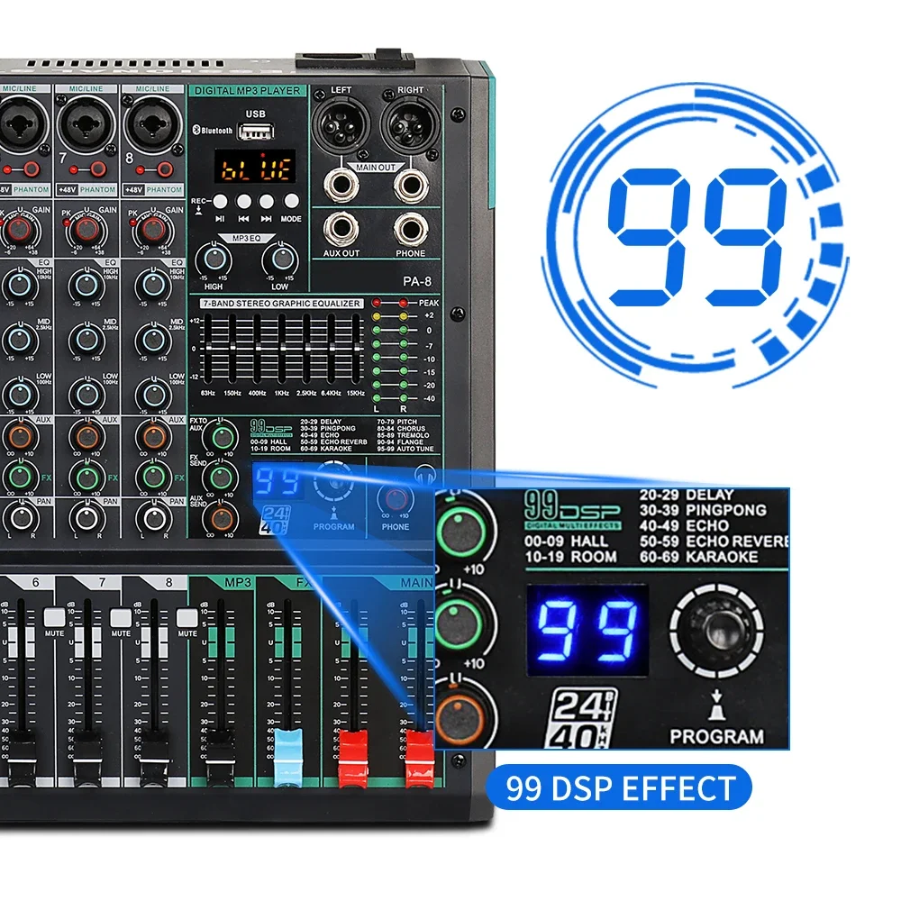 PA8 Professional Console MP3 Computer Input Built-in 99 Reverb Effect 8 Channel Digital Professional Audio Mixer