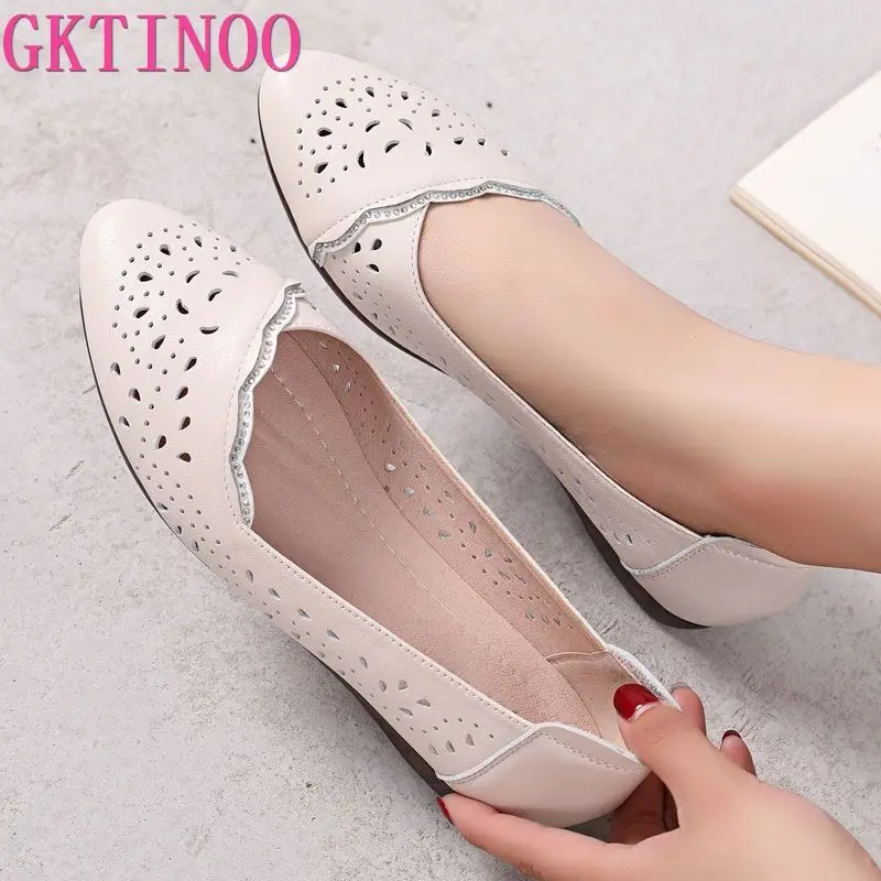 GKTINOO Breathable Genuine Leather Summer Shoes Woman 2024 Flat Low Heel Mother Hollow Out Leather Slip On Shoes For Women Soft