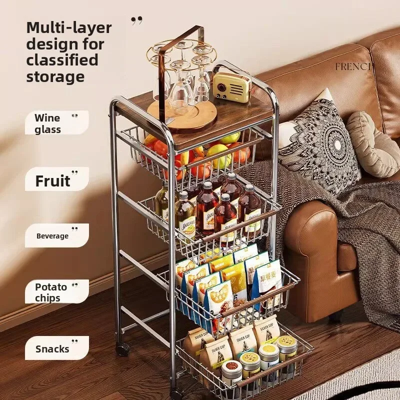 Retro Rustic Kitchen Cart Multilayer Pullout Storage Vegetable Fruit Basket Movable Kitchen Cart Utility Cart Kitchen Shelf