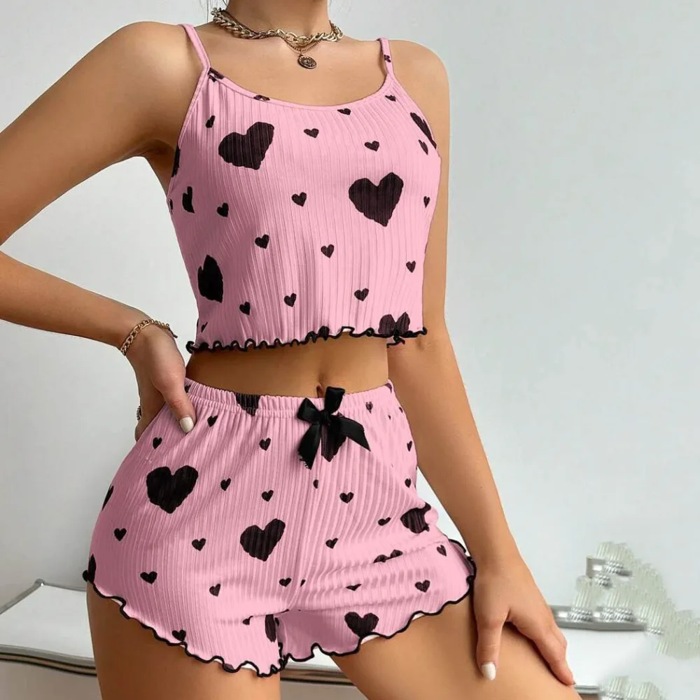 New Summer Thin Pajamas Homewear Set Polyester Leisure Suit Solid Color Sling Shorts Ladies