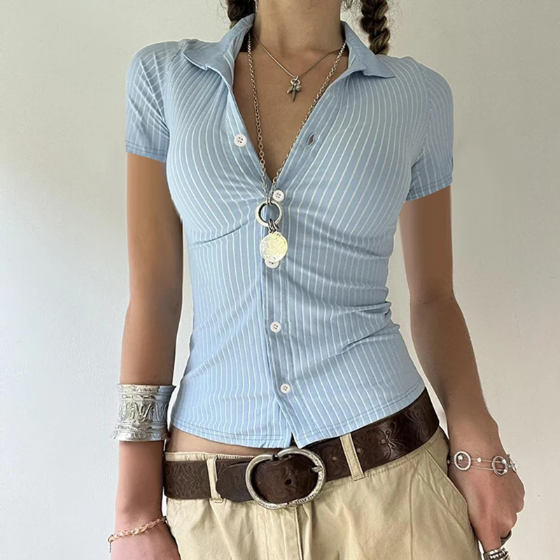 Rapcopter y2k Striped Vintage T Shirt Women Short Sleeve Turn Down Collar Tee Streetwear Aesthetic Grunge 90s Crop Top Summer