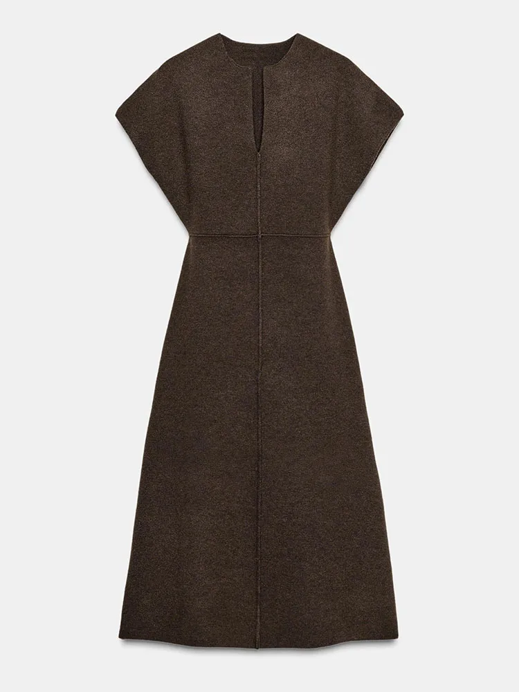 

High-End ZA2025 Women's Winter New round Ne Knitted Midi Dr Faionable Ele Sle European Trend 2025 Seasonal Release