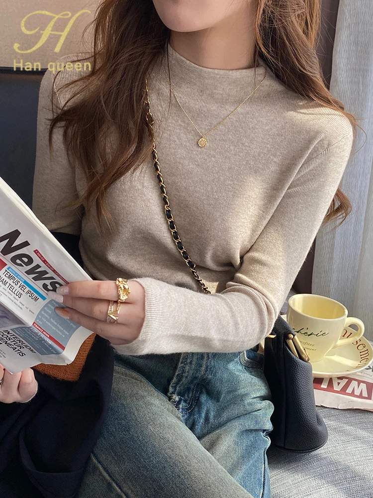 

H Han Queen Autumn Winner Pullovers Sweaters Women Simple Korean Loose Vintage Casual Tops Long Sleeve Knitwear Female Clothing