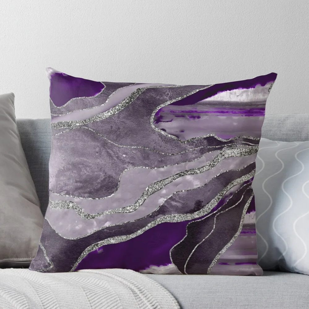 

Dark Violet Marble Agate Silver Glitter Glam #1 (Faux Glitter) #decor #art Throw Pillow Cushions Pillow Decor