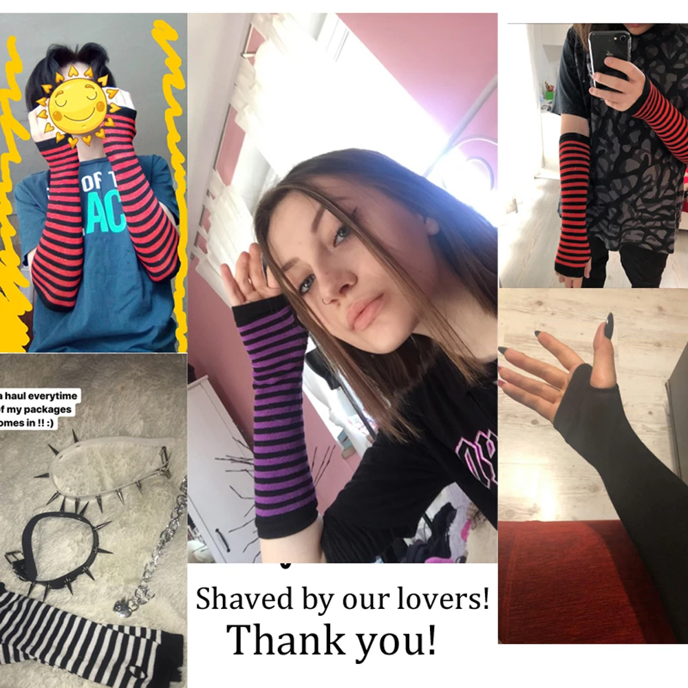 Comfortable Cotton Knitted Dew Finger Warm Winter Women Arm Warmers Striped Glove Hand Mitten Fingerless Gloves