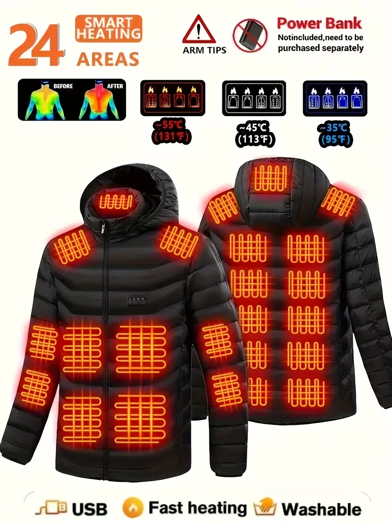 Giacca riscaldata da uomo, cappotto invernale antivento e caldo con sistema di riscaldamento intelligente, giacca in cotone riscaldata con temperatura regolabile su 3 livelli, quattro interruttori di